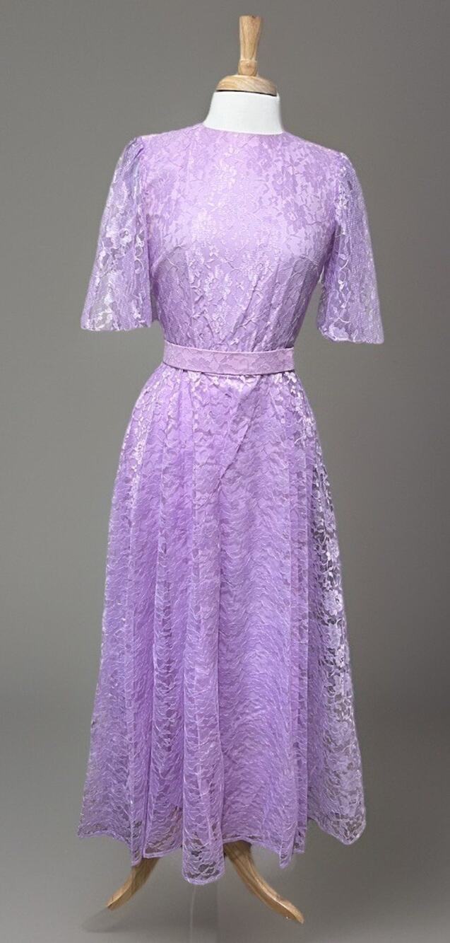 Vintage 70s Mike Benet Formal sz 6 Lavender Simply Lace Belt Maxi Dress Prom